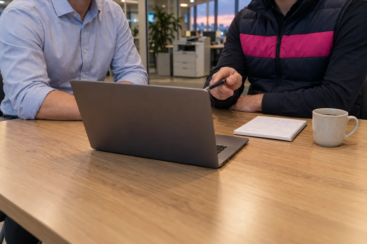 Beratungsgespräch zur IT-Ausstattung am Laptop (KI-generiert)